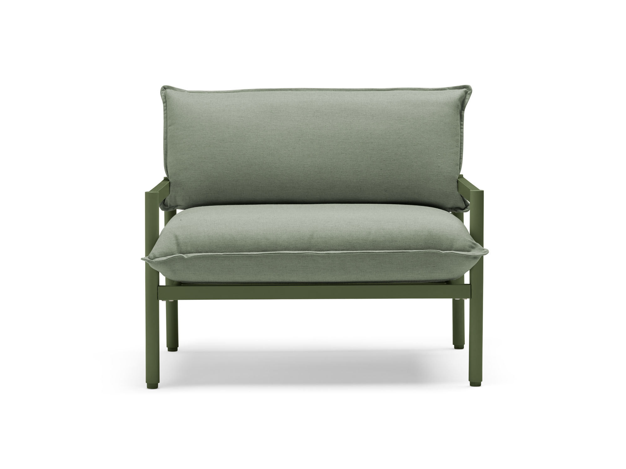 Front view of outdoor chair with green cushions and metal legs